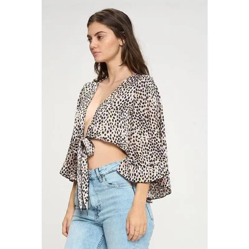 Wide ruffle sleeves tie crop cardigan leopard