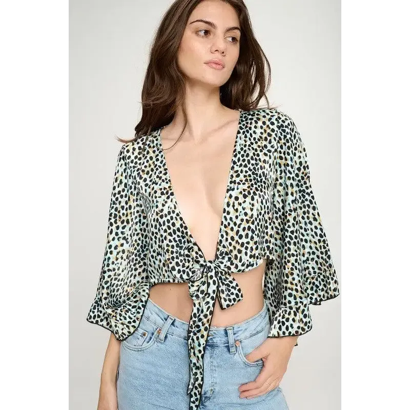 Wide ruffle sleeves tie crop cardigan leopard