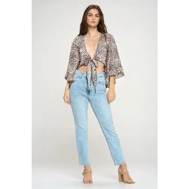 Wide ruffle sleeves tie crop cardigan leopard