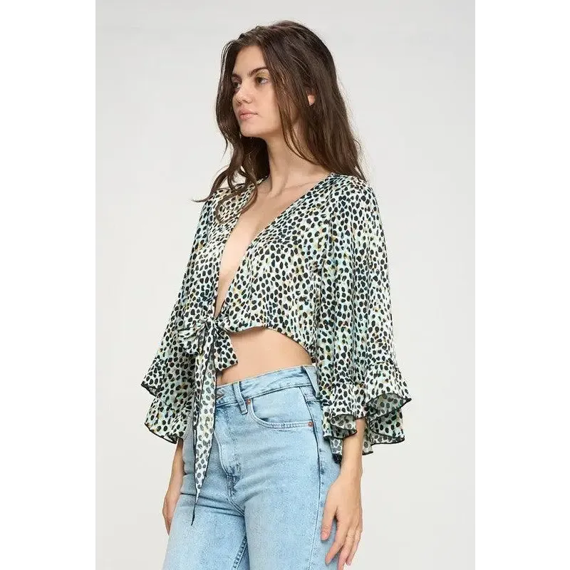Wide ruffle sleeves tie crop cardigan leopard