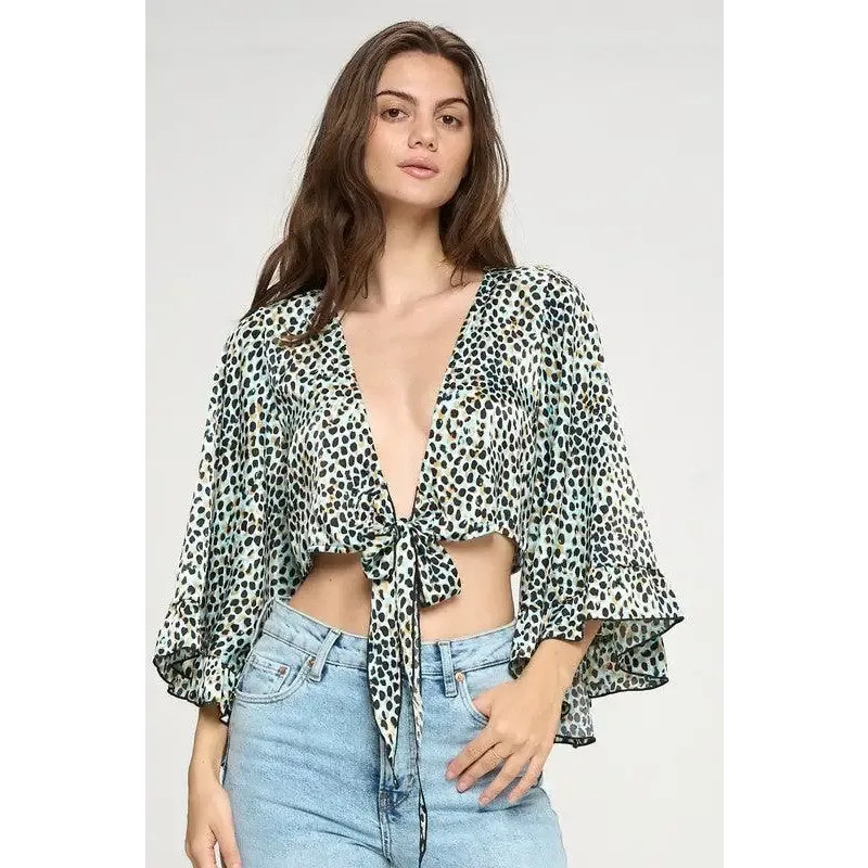 Wide ruffle sleeves tie crop cardigan leopard