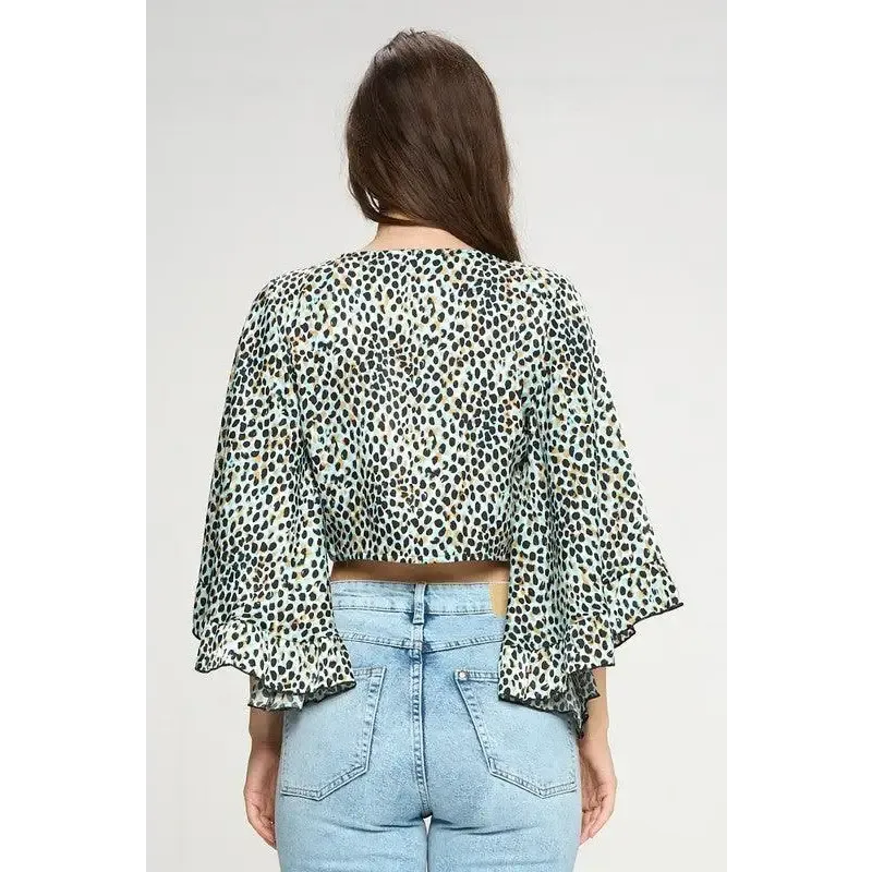 Wide ruffle sleeves tie crop cardigan leopard