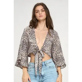 Wide ruffle sleeves tie crop cardigan leopard